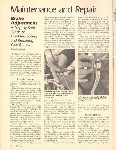 <------ Bicycling Magazine 06-1979 ------> Brake Adjustment - Part 1