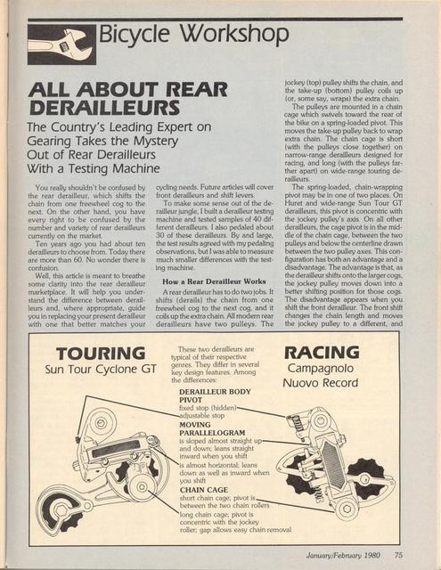 <------ Bicycling Magazine 01-1980 ------> Bicycle Workshop - Part 1 - All About Rear Derailleurs