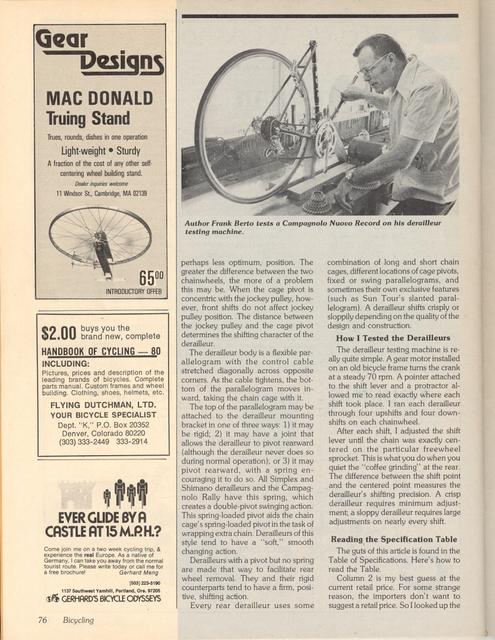 <------ Bicycling Magazine 01-1980 ------> Bicycle Workshop - Part 1 - All About Rear Derailleurs