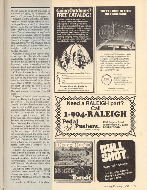 <------ Bicycling Magazine 01-1980 ------> Bicycle Workshop - Part 1 - All About Rear Derailleurs