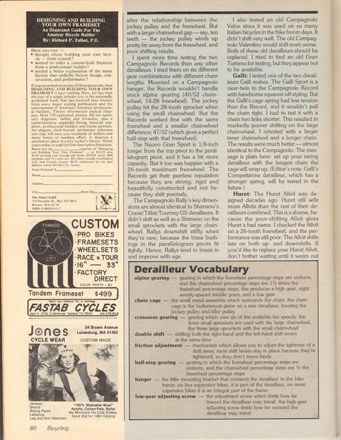 <------ Bicycling Magazine 01-1980 ------> Bicycle Workshop - Part 1 - All About Rear Derailleurs