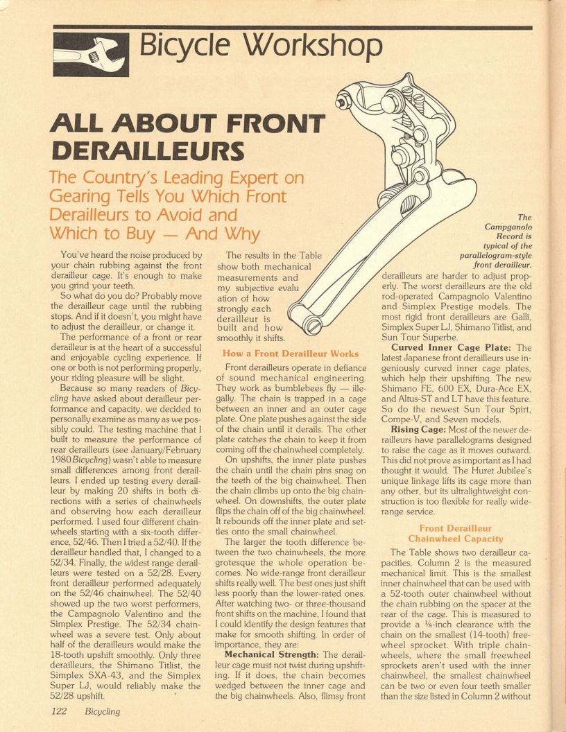 <------ Bicycling Magazine 03-1980 ------> Bicycle Workshop - Part 2 - All About Front Derailleurs