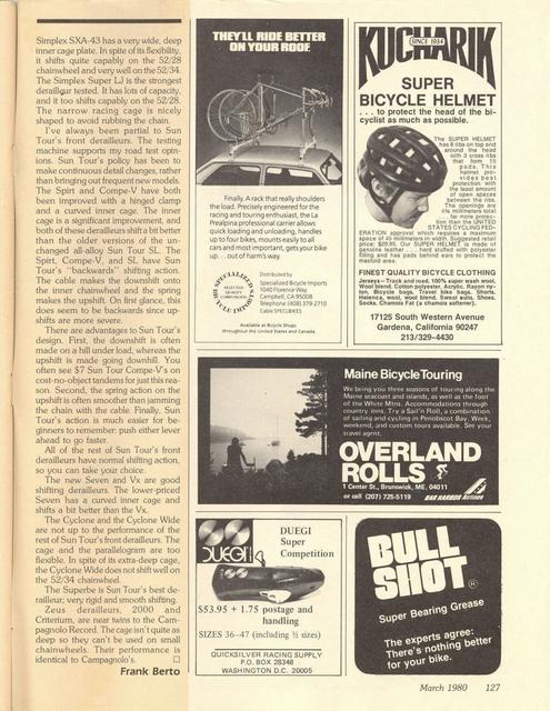 <------ Bicycling Magazine 03-1980 ------> Bicycle Workshop - Part 2 - All About Front Derailleurs