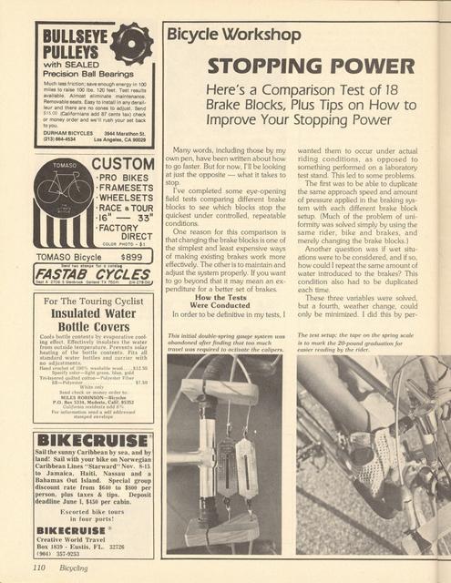 <------ Bicycling Magazine 05-1980 ------> Stopping Power - A Comparison Test Of 18 Brake Pads