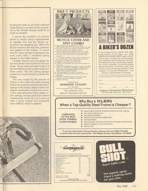 <------ Bicycling Magazine 05-1980 ------> Stopping Power - A Comparison Test Of 18 Brake Pads