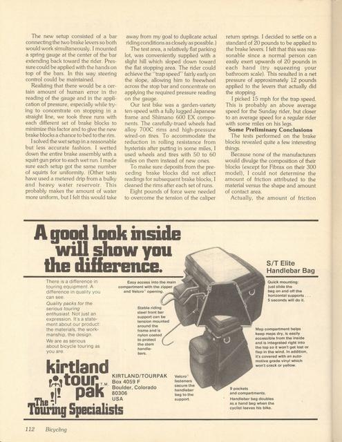 <------ Bicycling Magazine 05-1980 ------> Stopping Power - A Comparison Test Of 18 Brake Pads