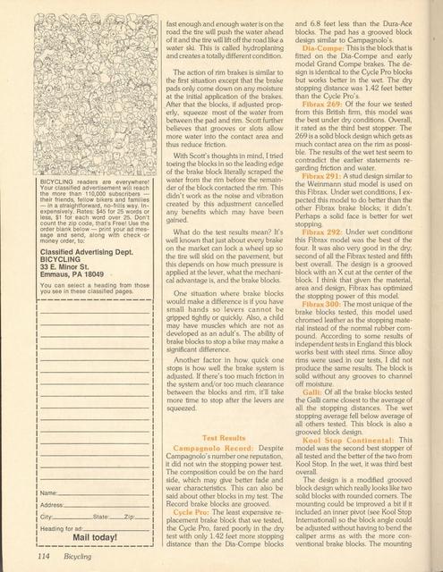 <------ Bicycling Magazine 05-1980 ------> Stopping Power - A Comparison Test Of 18 Brake Pads