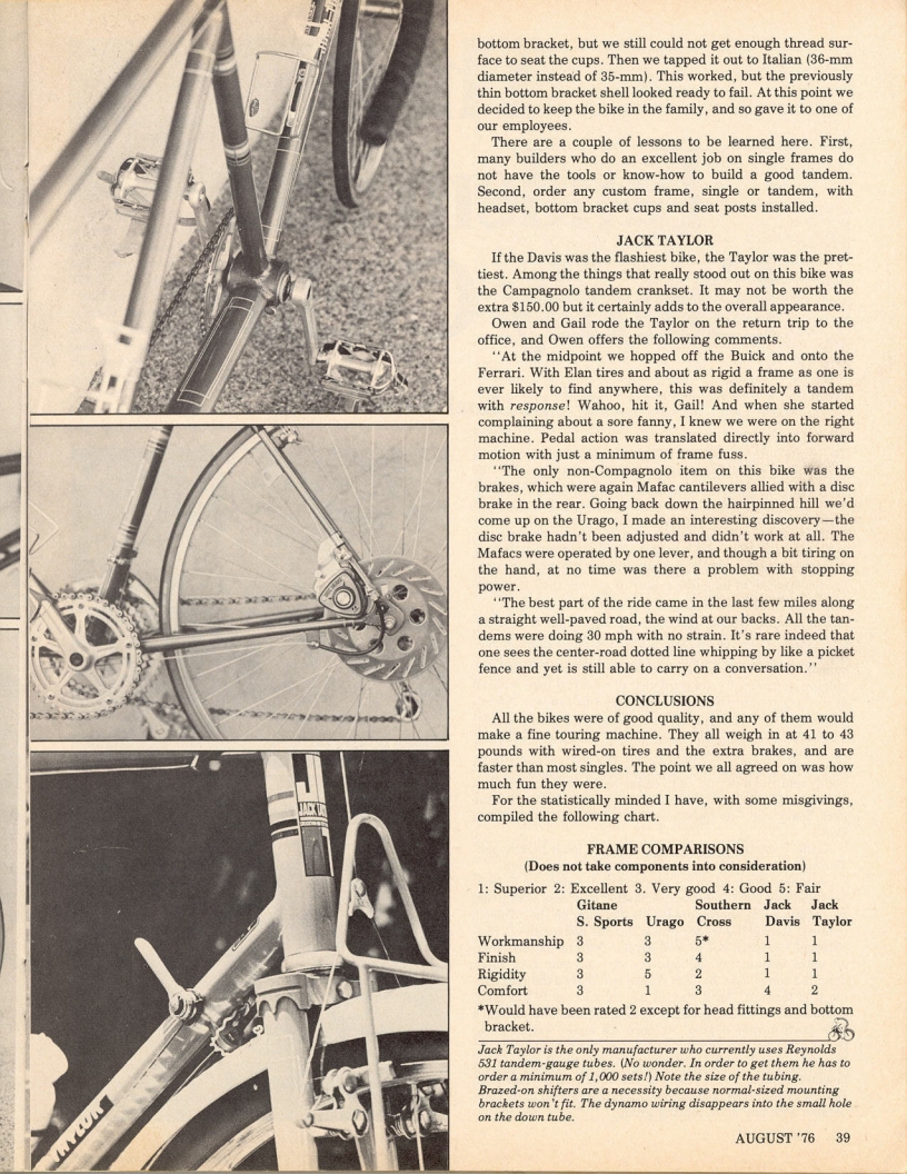 <------ Bicycling Magazine 08-1976 ------> Gitane Super Sports Tandem