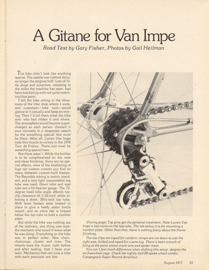 <------ Bicycling Magazine 08-1977 ------> A Gitane For Van Impe - His Tour de France Winning Bike