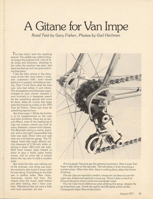 <------ Bicycling Magazine 08-1977 ------> A Gitane For Van Impe - His Tour de France Winning Bike