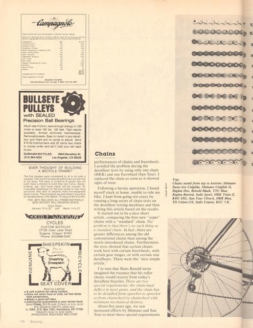 <------ Bicycling Magazine 04-1980 ------> Bicycle Workshop - Part 4 - All About Bicycle Chains