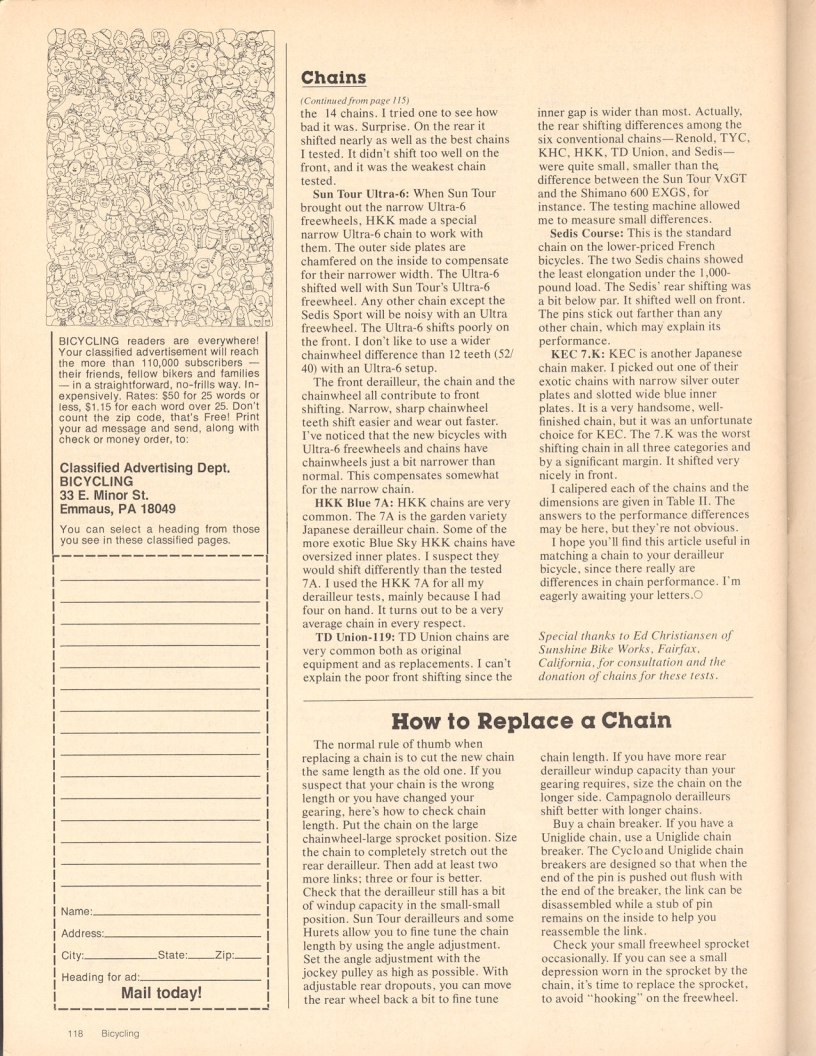 <------ Bicycling Magazine 04-1980 ------> Bicycle Workshop - Part 4 - All About Bicycle Chains