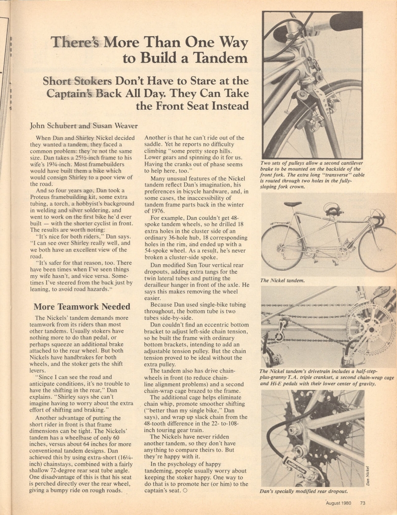 <------ Bicycling Magazine 08-1980 ------> There’s More Than One Way To Build A Tandem