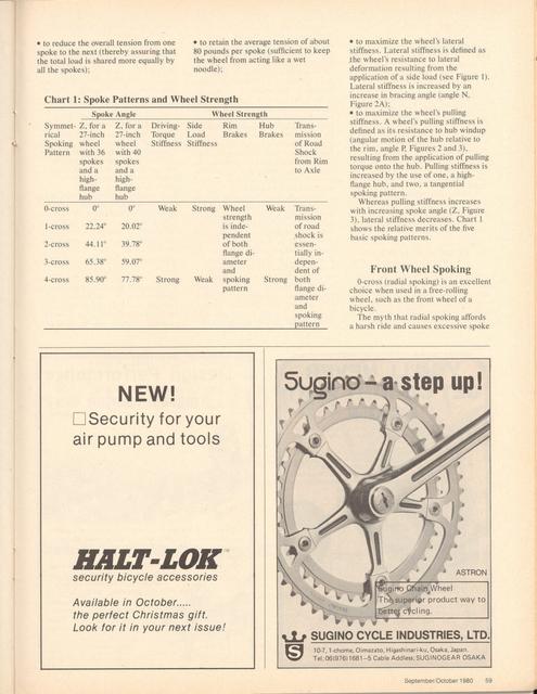 <------ Bicycling Magazine 10-1980 ------> Spoking Geometry And Wheel Strength