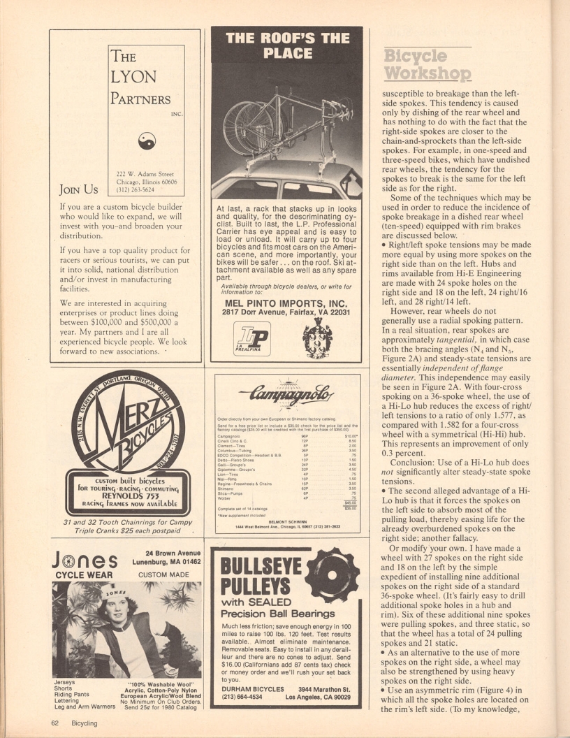 <------ Bicycling Magazine 10-1980 ------> Spoking Geometry And Wheel Strength