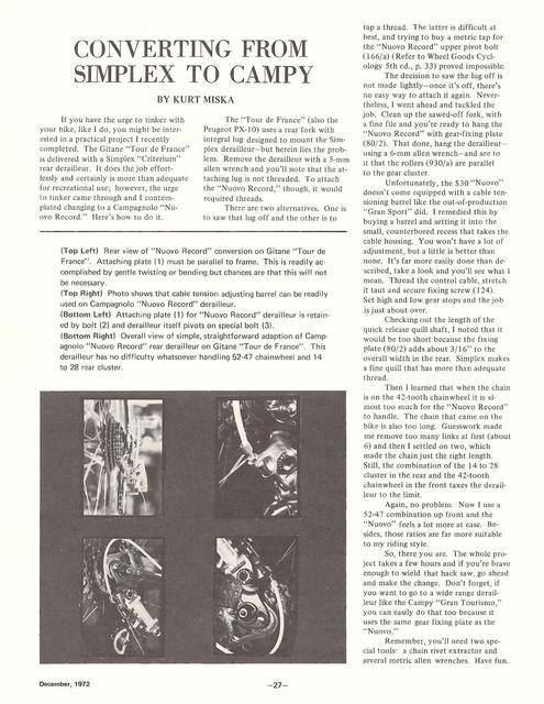 <------------ Bike World 12-1972 ------------> Converting From Simplex To Campy - Part 1