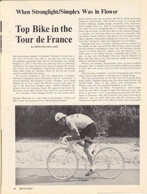 <------------- Bicycling Magazine 10-1975 -------------> Peugeot PY-10 (1975 TdF winning bike)