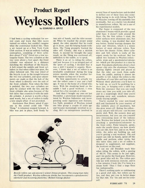 <------ Bicycling Magazine 02-1975 ------> Product Report:  Weyless Rollers