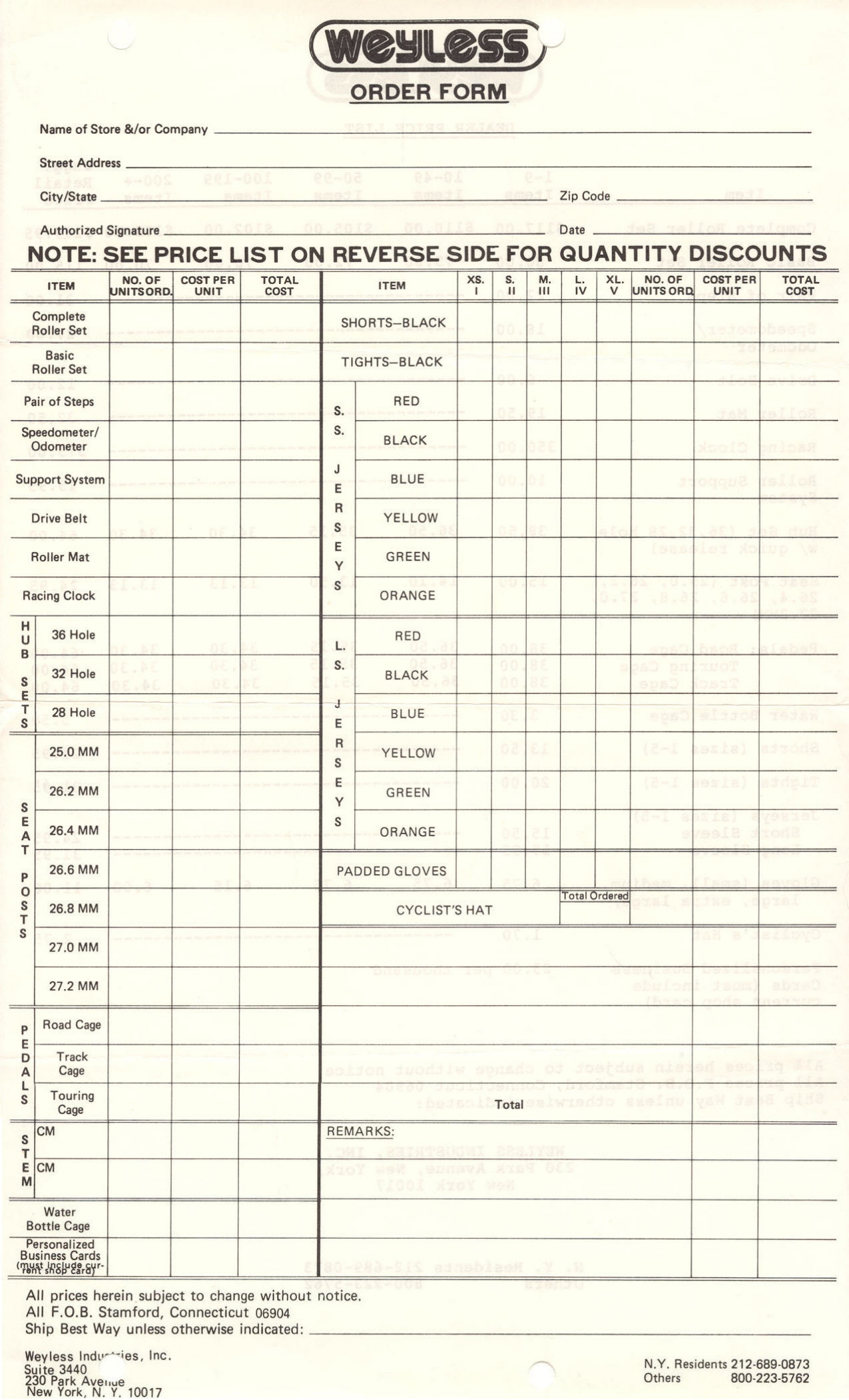 Weyless order form / dealer price list (1976)