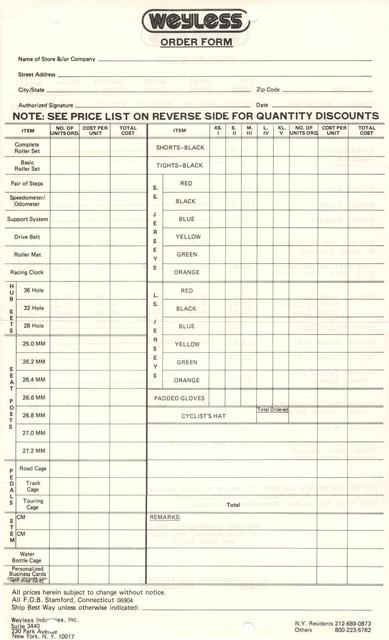 Weyless order form / dealer price list (1976)