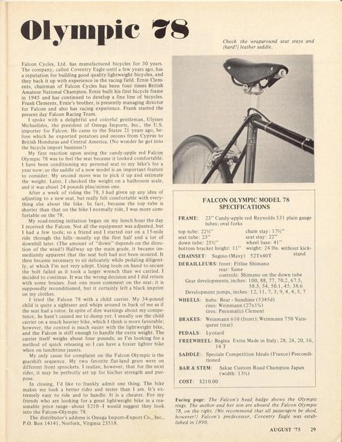 <------ Bicycling Magazine 08-1975 ------> Falcon Olympic 78