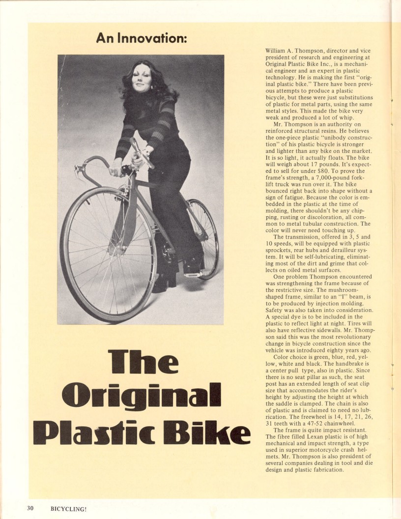 <------ Bicycling Magazine 06-1973 ------> The Original Plastic Bike