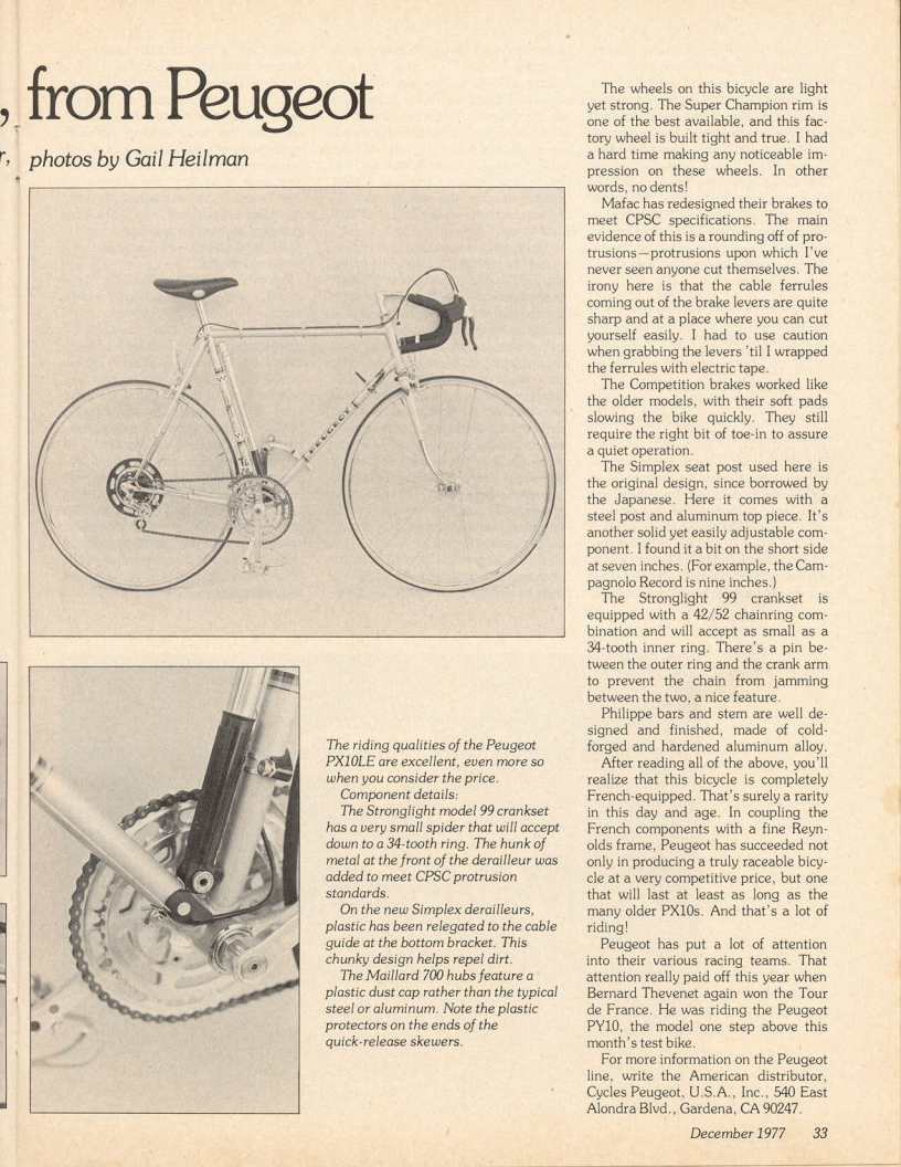 <------ Bicycling Magazine 12-1977 ------> Peugeot PX-10LE