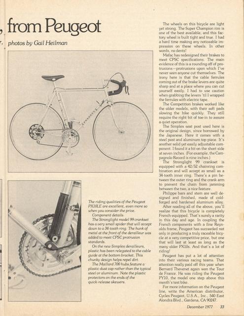 <------ Bicycling Magazine 12-1977 ------> Peugeot PX-10LE
