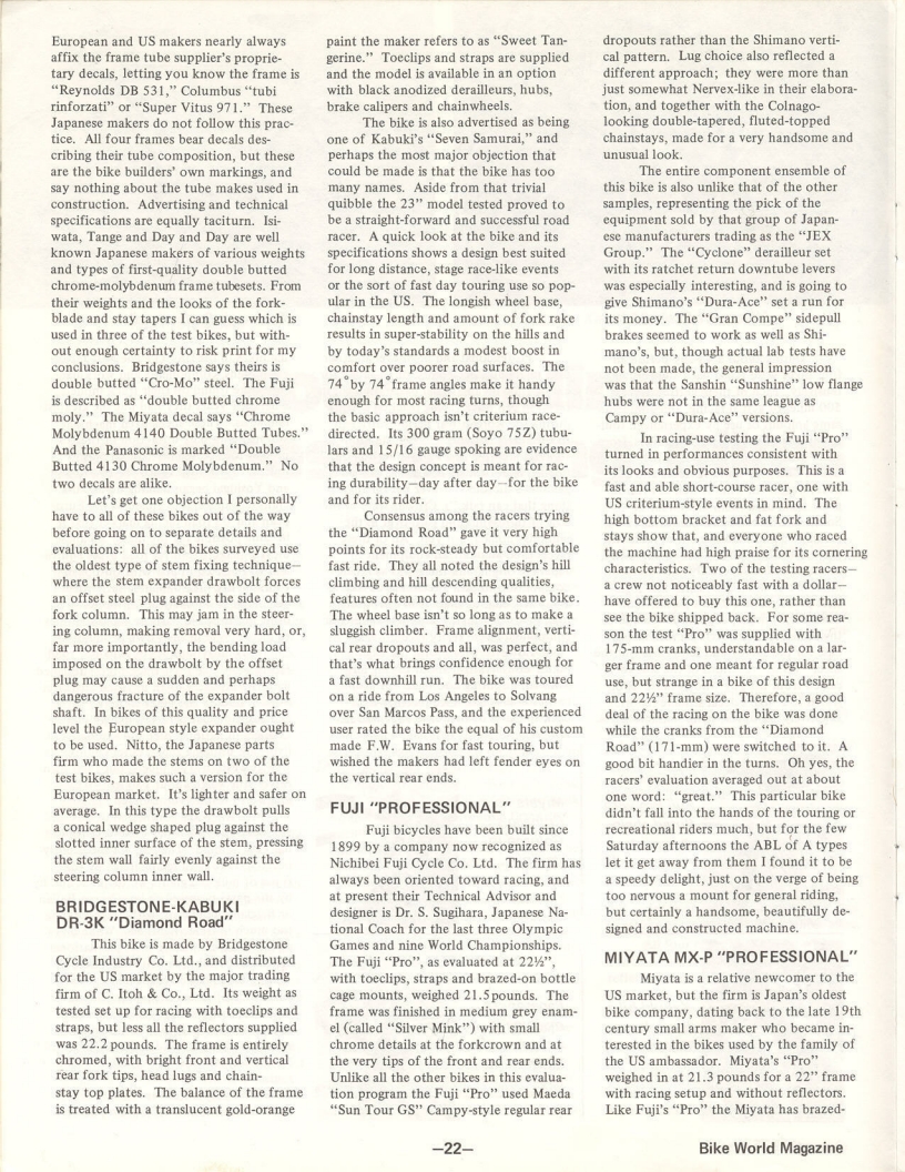 <---------- Bike World 08-1975 ----------> Fuji Pro / Kabuki Diamond Road / Miyata Pro / Panasonic Pro