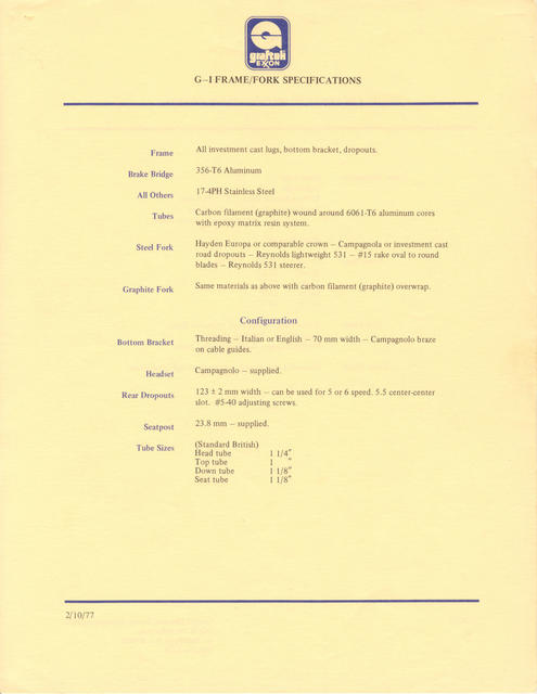 Exxon Graftek frame / fork specifications (02-10-1977)