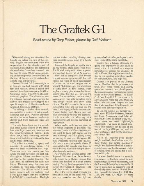 <------ Bicycling Magazine 11-1977 ------> Exxon Graftek G-1