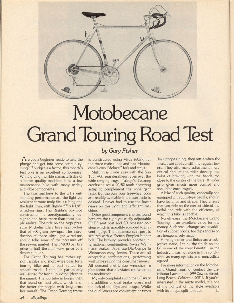 <------ Bicycling Magazine 09-1977 ------> Motobecane Grand Touring
