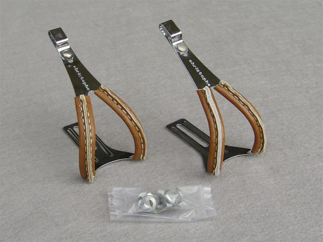 SOLD Christophe toe clips chrome plated steel adjustable length leather NO