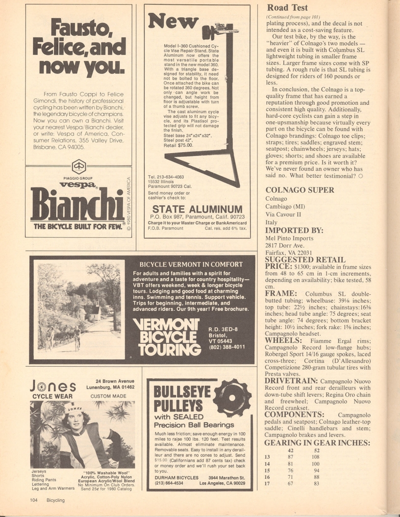 <------ Bicycling Magazine 08-1980 ------> Colnago Super