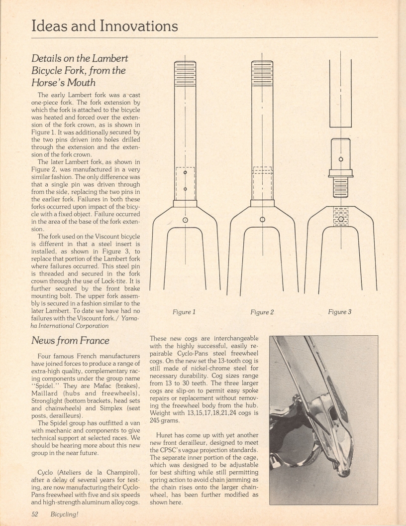 <------ Bicycling Magazine 10-1977 ------> Details On The Lambert Bicycle Fork