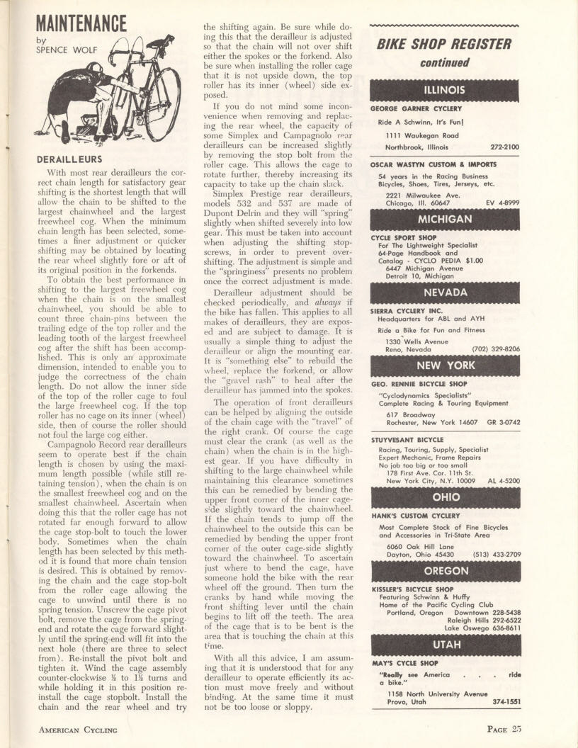 <------- American Cycling 11-1966 -------> Maintenance:  Derailleurs (Part 2)