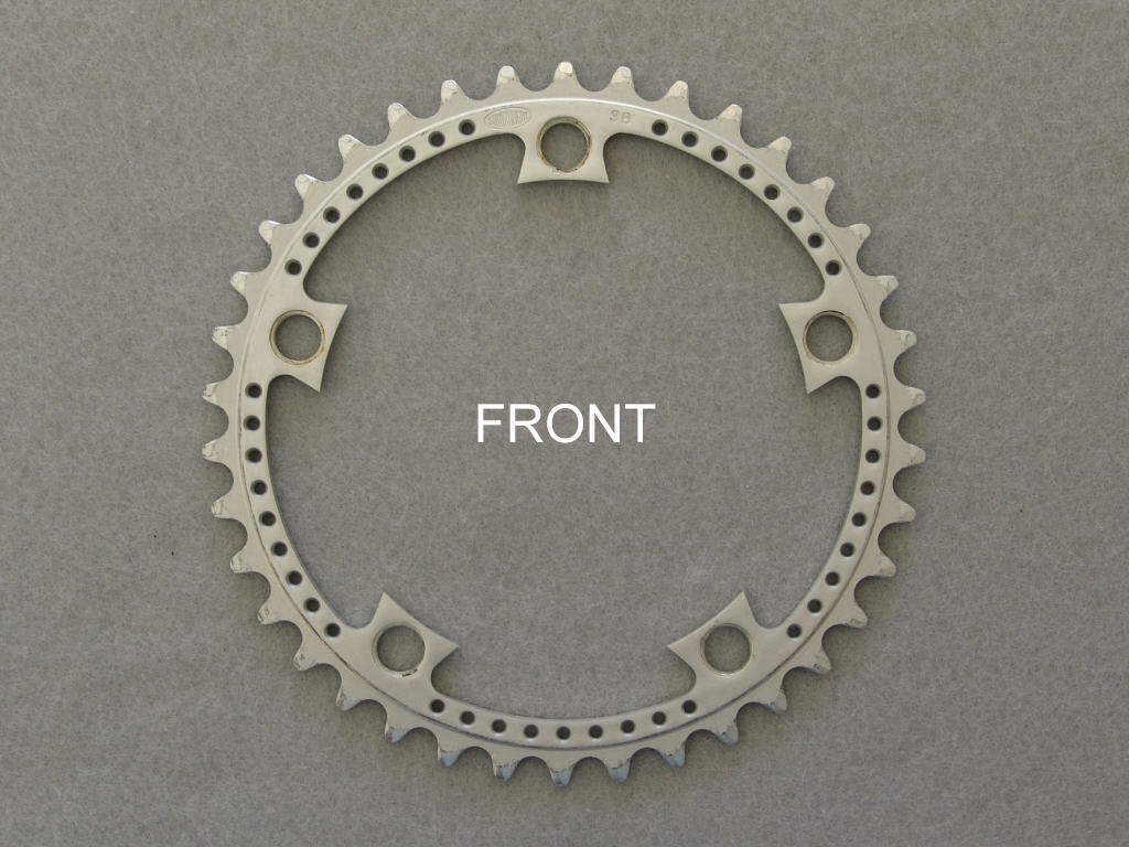<------------------ SOLD ------------------> Stronglight model 105 bis chain ring - 38 tooth - 122 mm BCD (USED)