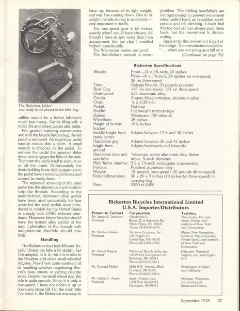 <------ Bicycling Magazine 09-1978 ------> Bickerton Folding Bicycle