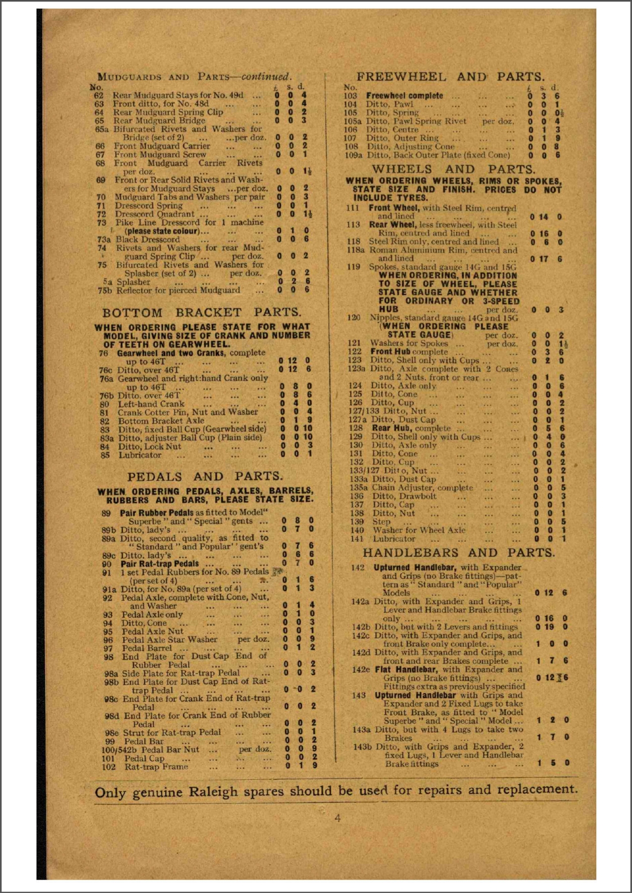 Raleigh spares price list (1928)