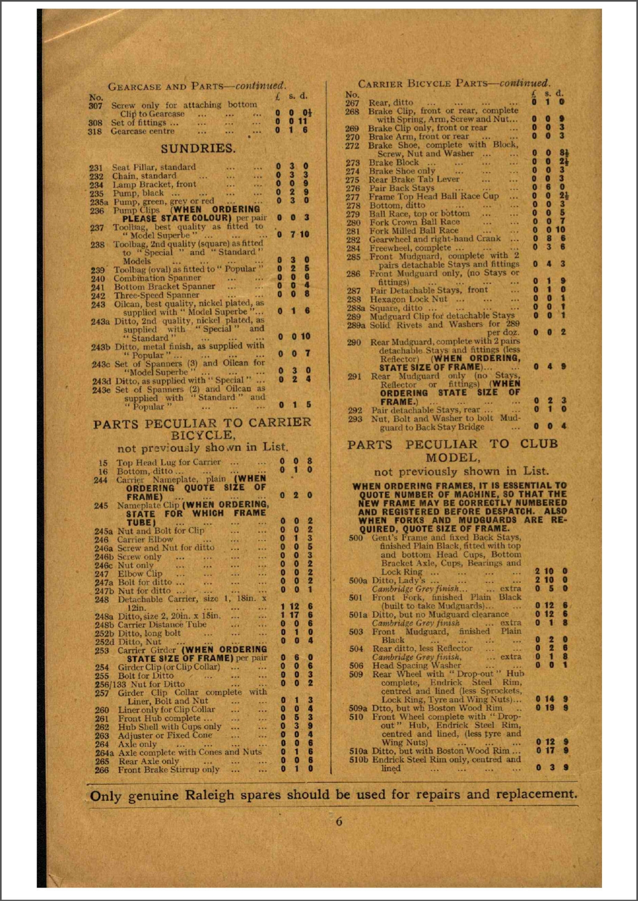 Raleigh spares price list (1928)