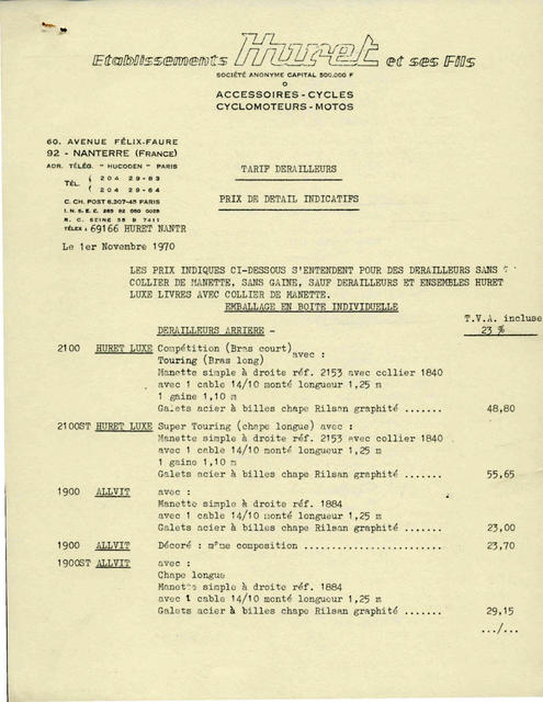 Huret price list (11-1970)