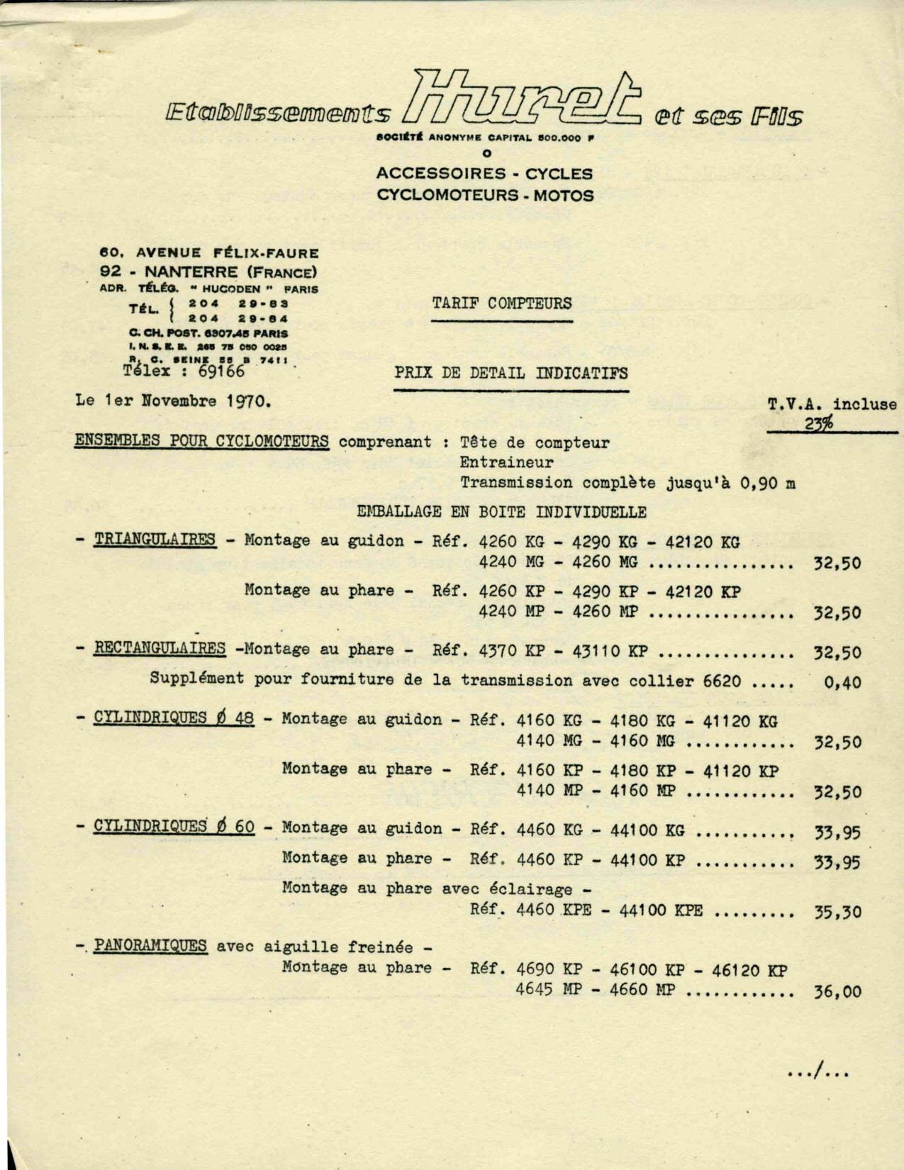 Huret price list (11-1970)