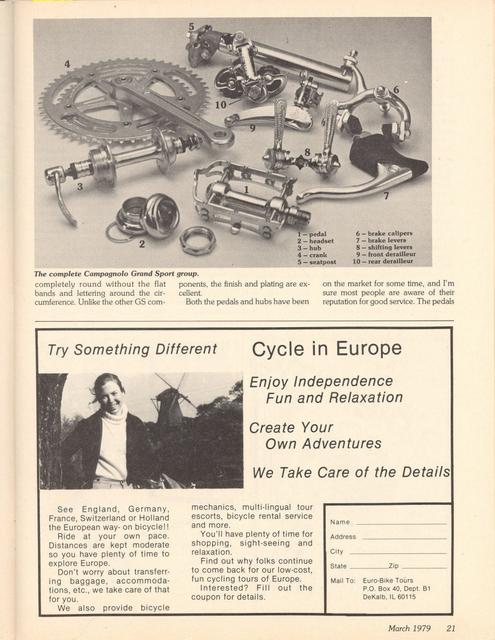 <------ Bicycling Magazine 03-1979 ------> What’s New At Campagnolo
