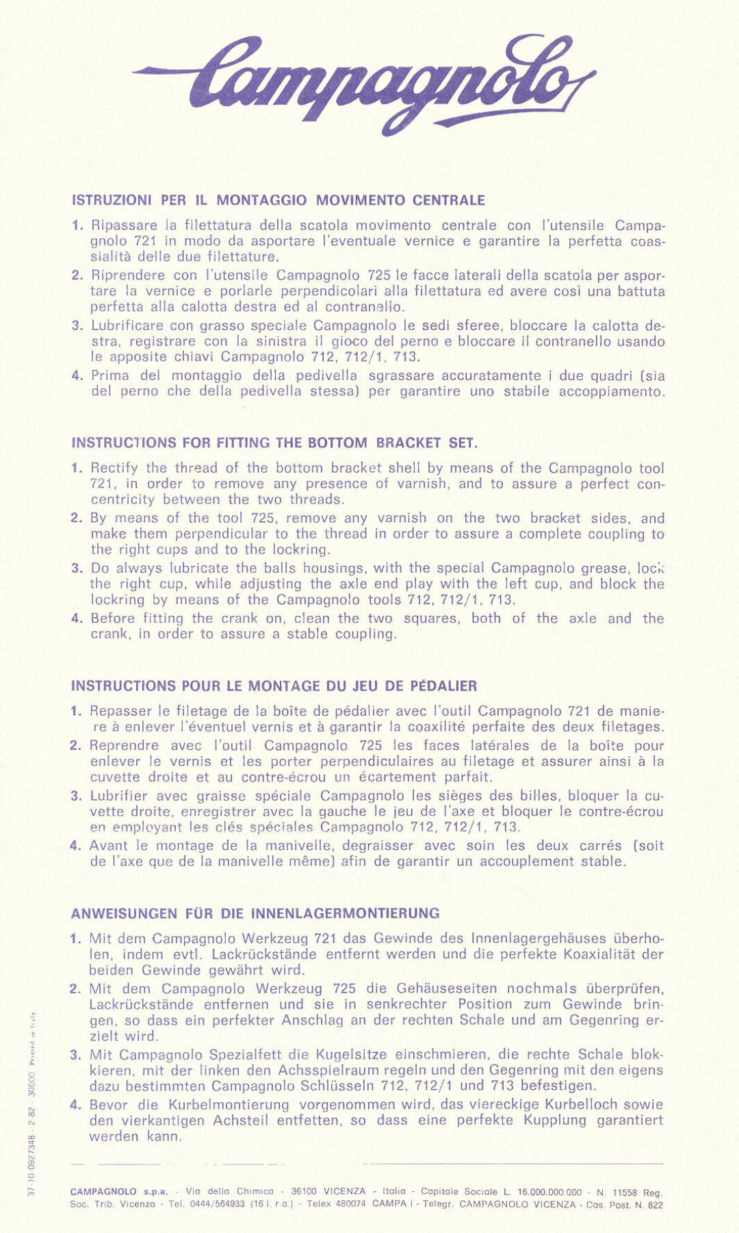 Campagnolo Nuovo / Super Record bottom bracket instructions (02-1982)