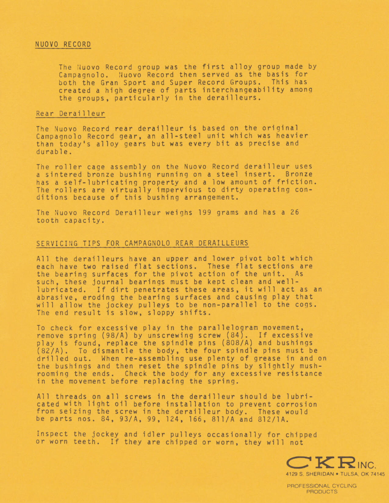 Campagnolo technical notes - CKR (1980)