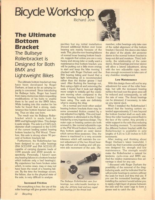 <------ Bicycling Magazine 02-1979 ------> The Ultimate Bottom Bracket - Bullseye Rollerbracket