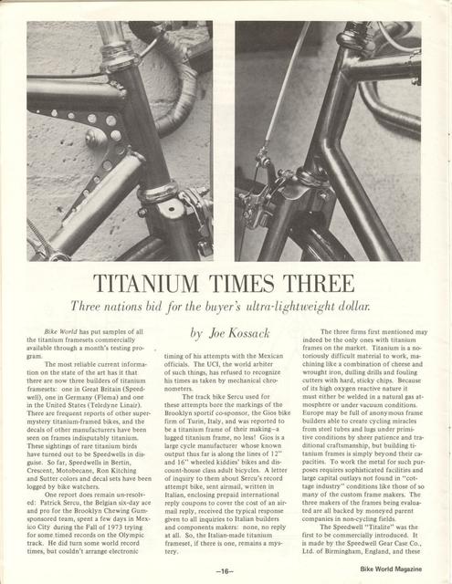 <---------- Bike World 07-1974 ----------> Speedwell Titalite / Flema / Teledyne Linair Titan